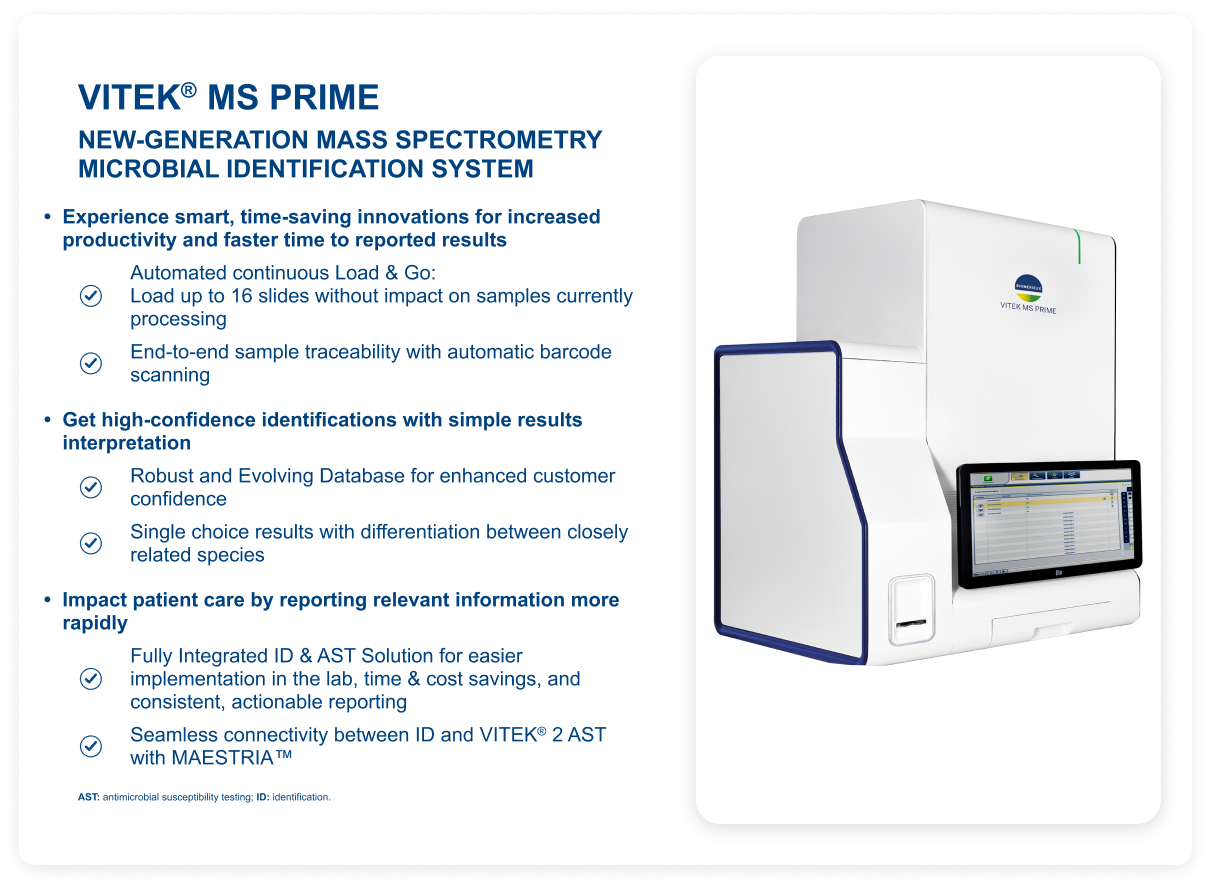 VITEK® MS PRIME new-generation mass spectrometry microbial identification system card highlighting continuous Load and Go processing, barcode traceability, high-confidence identification, seamless connection with VITEK® 2 AST, and the VITEK® MS PRIME instrument.