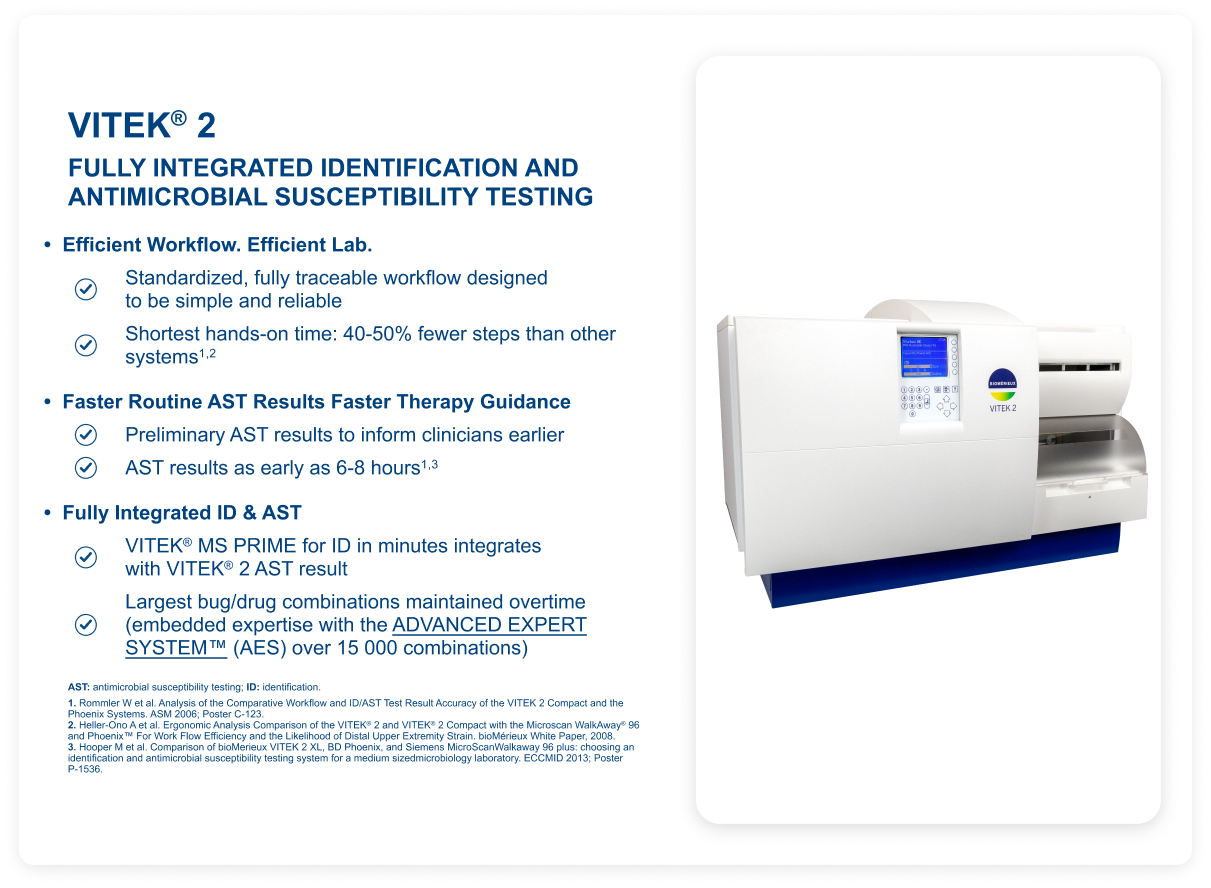 VITEK® 2 fully integrated identification and antimicrobial susceptibility testing card highlighting traceable workflow, faster routine AST results, integration with VITEK® MS PRIME, broad ADVANCED EXPERT SYSTEM™ combinations, and the VITEK® 2 analyzer.