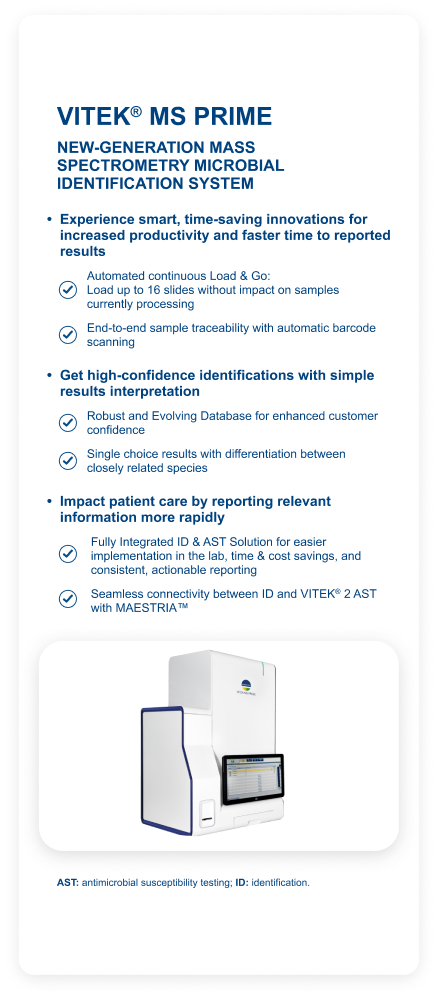 VITEK® MS PRIME new-generation mass spectrometry microbial identification system card highlighting continuous Load and Go processing, barcode traceability, high-confidence identification, seamless connection with VITEK® 2 AST, and the VITEK® MS PRIME instrument.