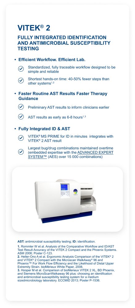VITEK® 2 fully integrated identification and antimicrobial susceptibility testing card highlighting traceable workflow, faster routine AST results, integration with VITEK® MS PRIME, broad ADVANCED EXPERT SYSTEM™ combinations, and the VITEK® 2 analyzer.